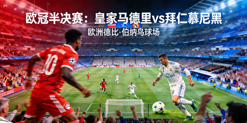 欧冠半决赛：皇家马德里对阵拜仁慕尼黑，欧洲德比伯纳乌球场激烈对抗场景